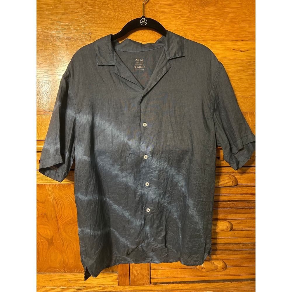 Altea Milano Mens Linen Short Sleeve Shirt Blue Grey Tie Dye Made in Italy Large